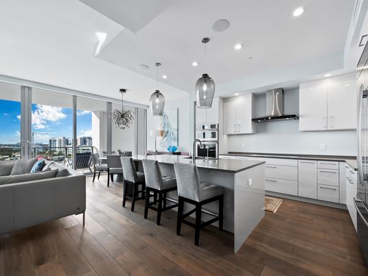Dining room, Interior, Kitchen, Living room, Pendant Lights, Recessed Lighting, Stainless Steel Appliances, Wood Texture Flooring