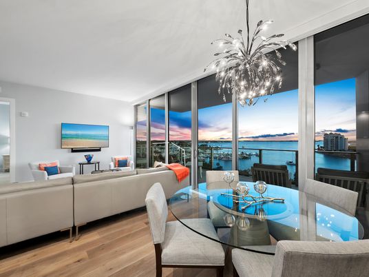 Dining room, Interior, Living room, Pendant Lights, Water, Wood Texture Flooring