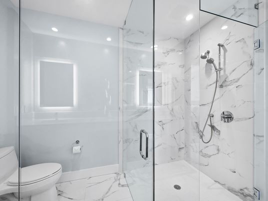 Bathroom, Glass Shower, Interior, Marble, Marble Walls, Recessed Lighting