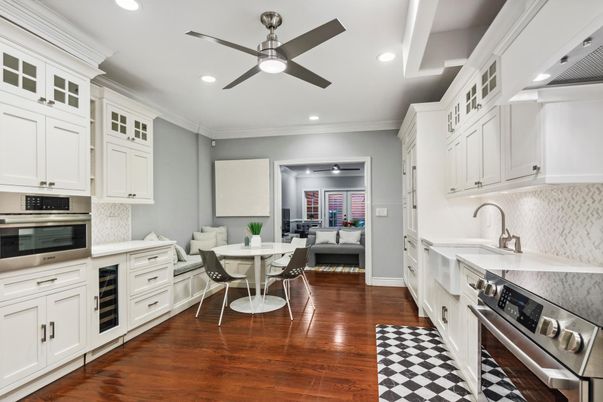Dining room, Interior, Kitchen, Living room, Recessed Lighting, Stainless Steel Appliances, Wood Texture Flooring