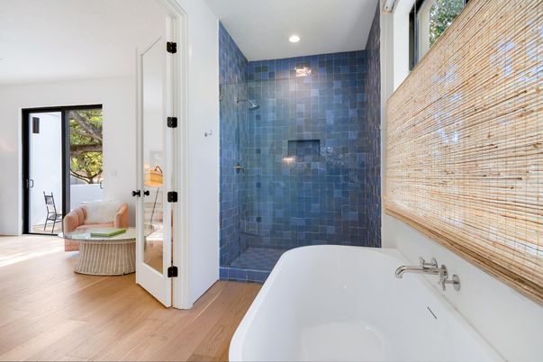 Bathroom, Free Standing Baths, Glass Shower, Interior, Recessed Lighting, Wood Texture Flooring