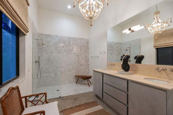 Bathroom, Chandelier, Glass Shower, Interior, Recessed Lighting
