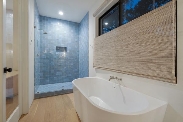 Bathroom, Free Standing Baths, Glass Shower, Interior, Recessed Lighting, Wood Texture Flooring