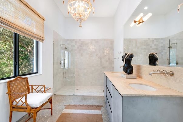 Bathroom, Chandelier, Glass Shower, Interior, Recessed Lighting