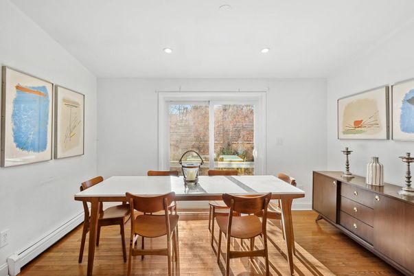 Dining room, Interior, Recessed Lighting, Wood Texture Flooring