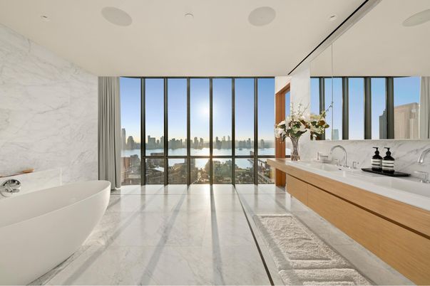 Bathroom, Dual Sink Vanities, Free Standing Baths, Interior, Marble, Marble Walls, Recessed Lighting, Water