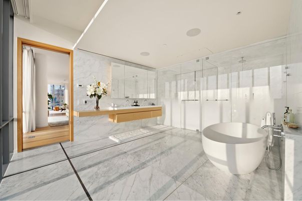Bathroom, Free Standing Baths, Glass Shower, Interior, Marble, Marble Walls, Recessed Lighting