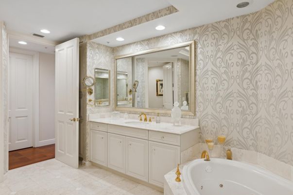 Bathroom, Dual Sink Vanities, Interior, Recessed Lighting, Wood Texture Flooring
