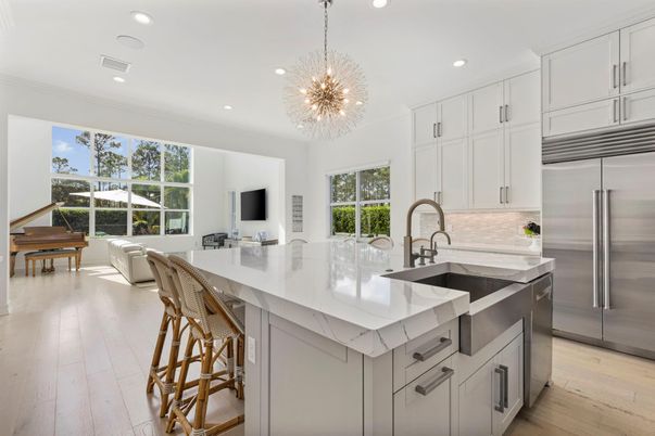Chandelier, Interior, Kitchen, Piano, Recessed Lighting, Stainless Steel Appliances, Wood Texture Flooring