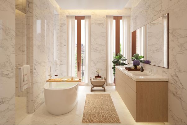 Bathroom, Dual Sink Vanities, Free Standing Baths, Interior, Marble, Marble Walls
