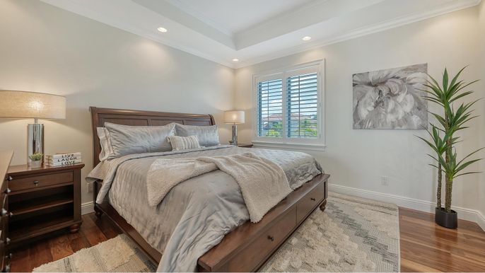 Bedroom, Interior, Recessed Lighting, Wood Texture Flooring