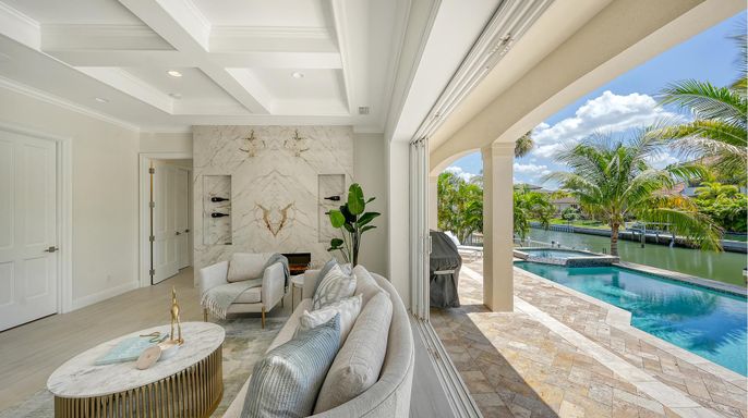 Fireplace, Interior, Living room, Marble Walls, Pool, Recessed Lighting