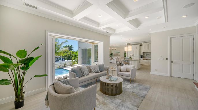 Chandelier, Dining room, Interior, Kitchen, Living room, Pendant Lights, Recessed Lighting, Wood Texture Flooring