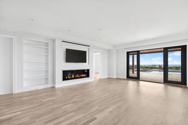 Empty room, Fireplace, Interior, Recessed Lighting, Wood Texture Flooring