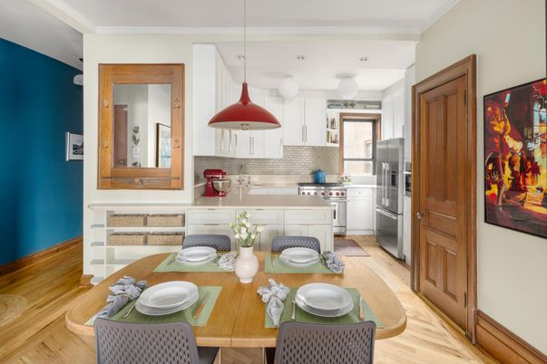 Dining room, Interior, Kitchen, Pendant Lights, Stainless Steel Appliances, Wood Texture Flooring