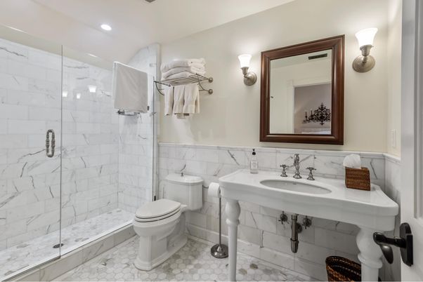 Bathroom, Glass Shower, Interior, Marble Walls, Recessed Lighting