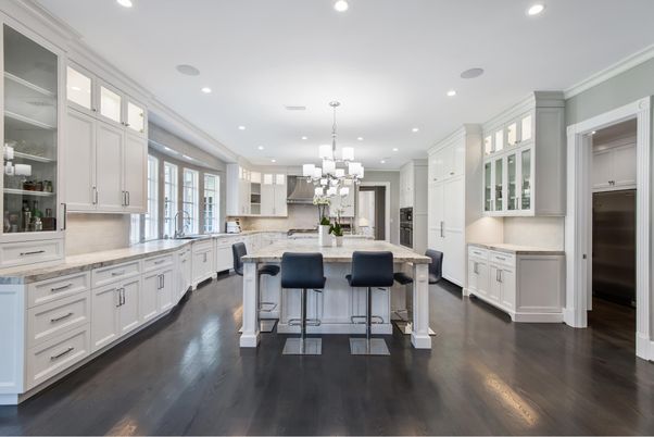 Chandelier, Interior, Kitchen, Recessed Lighting, Stainless Steel Appliances, Wood Texture Flooring