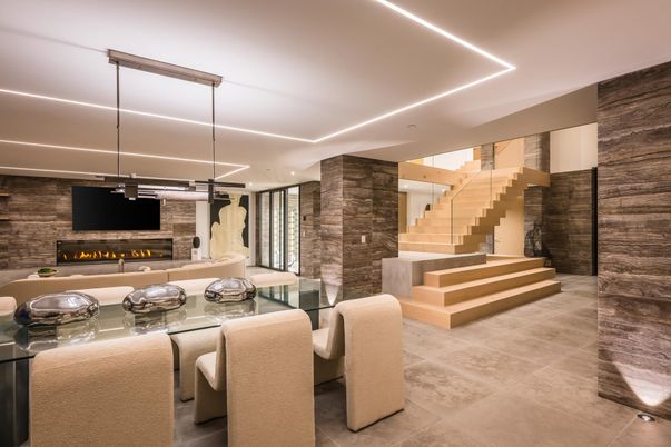 Dining room, Fireplace, Interior, Recessed Lighting, Stone Walls