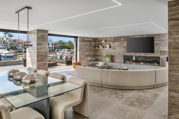 Dining room, Fireplace, Interior, Living room, Pendant Lights, Stone Walls