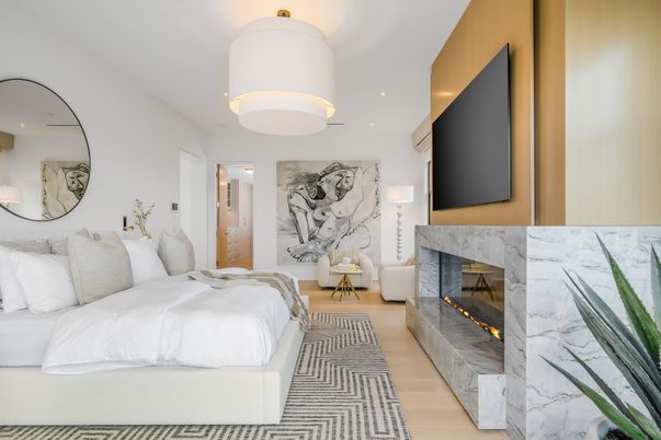 Bedroom, Fireplace, Interior, Recessed Lighting, Wood Texture Flooring