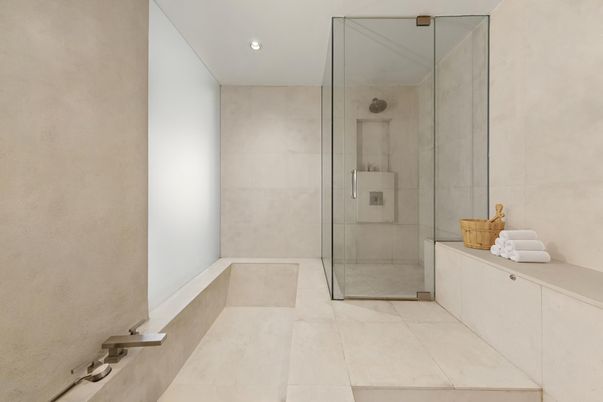 Bathroom, Glass Shower, Interior, Recessed Lighting