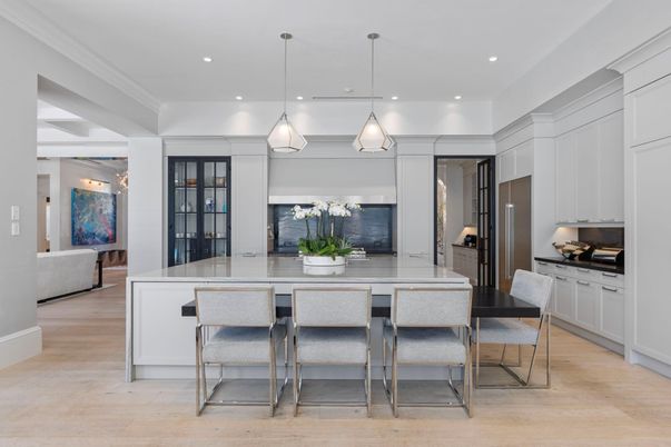 Dining room, Interior, Kitchen, Pendant Lights, Recessed Lighting, Wood Texture Flooring