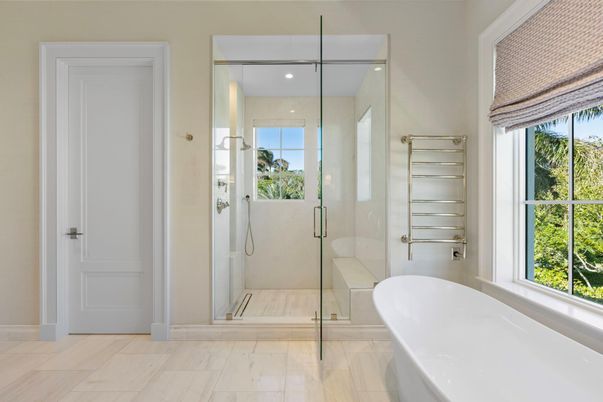 Bathroom, Free Standing Baths, Glass Shower, Interior, Recessed Lighting