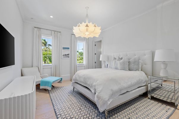 Bedroom, Chandelier, Interior, Recessed Lighting, Wood Texture Flooring