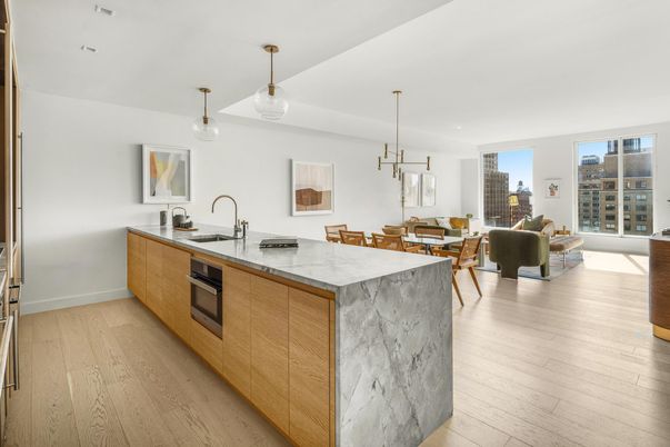 Dining room, Interior, Kitchen, Living room, Pendant Lights, Wood Texture Flooring