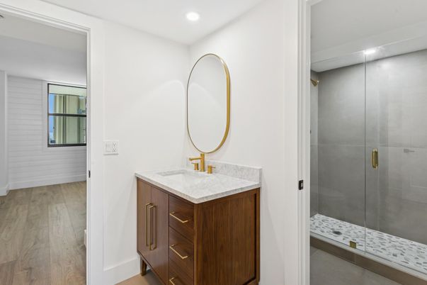 Bathroom, Glass Shower, Interior, Recessed Lighting, Wood Texture Flooring