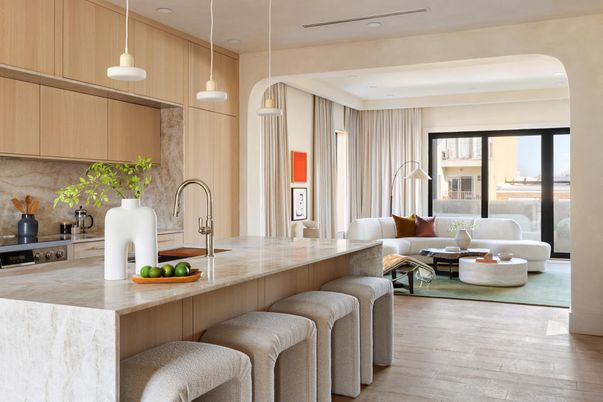 Interior, Kitchen, Living room, Pendant Lights, Recessed Lighting, Wood Texture Flooring