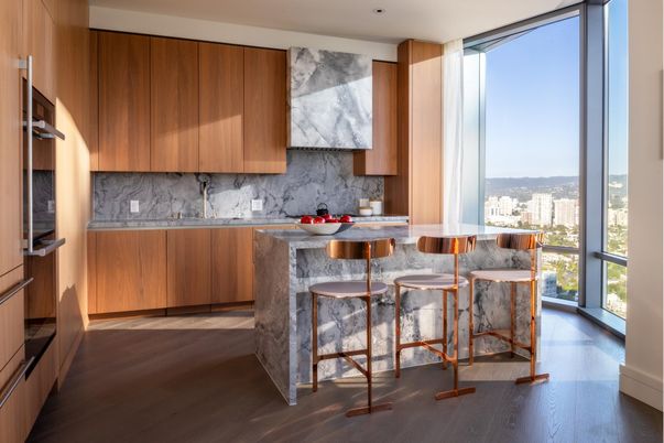 Interior, Kitchen, Marble Walls, Recessed Lighting, Wood Texture Flooring