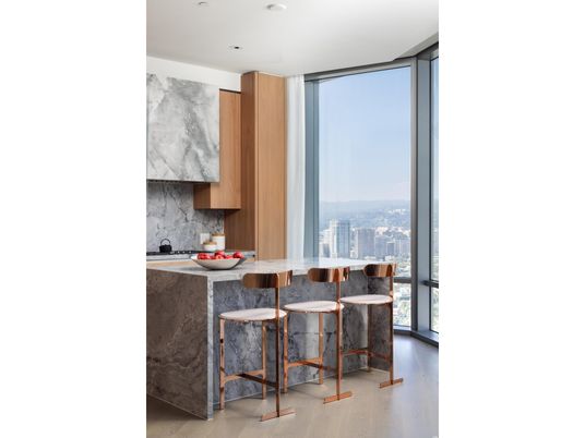 Interior, Kitchen, Marble Walls, Recessed Lighting, Wood Texture Flooring
