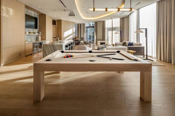 Billiard Table, Game Room, Interior, Pendant Lights, Recessed Lighting, Wood Texture Flooring