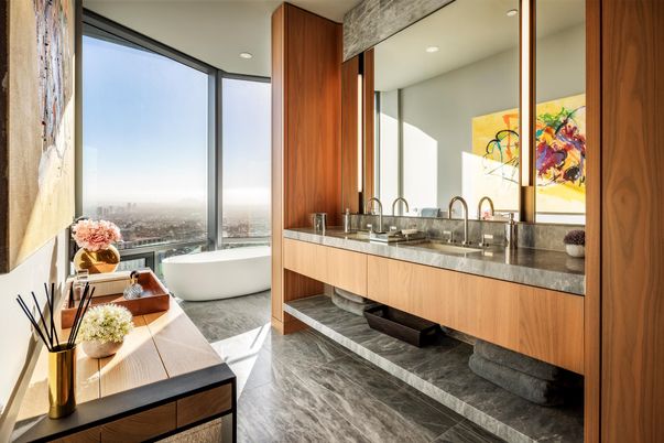 Bathroom, Dual Sink Vanities, Free Standing Baths, Interior, Recessed Lighting, Wood Texture Flooring