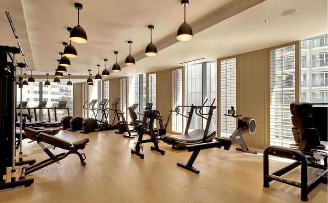 Fitness Equipment, Gym, Interior, Pendant Lights, Recessed Lighting, Wood Texture Flooring