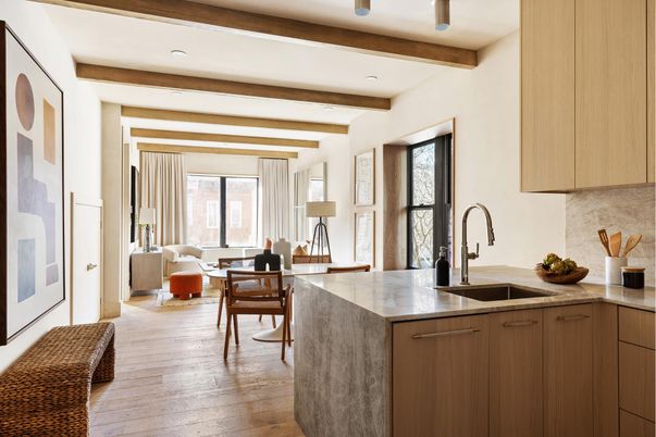 Interior, Kitchen, Living room, Recessed Lighting, Wooden Beams, Wood Texture Flooring