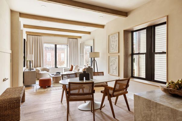 Dining room, Interior, Living room, Recessed Lighting, Wooden Beams, Wood Texture Flooring
