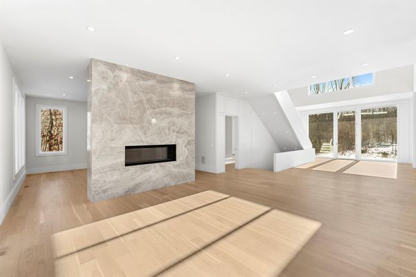 Fireplace, Interior, Marble Walls, Recessed Lighting, Wood Texture Flooring