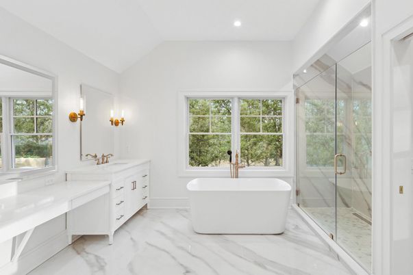Bathroom, Dual Sink Vanities, Free Standing Baths, Glass Shower, Interior, Marble, Recessed Lighting