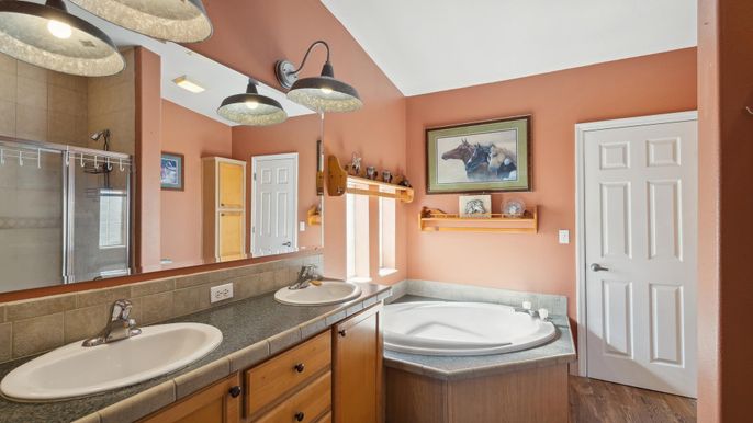 Bathroom, Dual Sink Vanities, Interior, Tile Countertops, Wood Texture Flooring