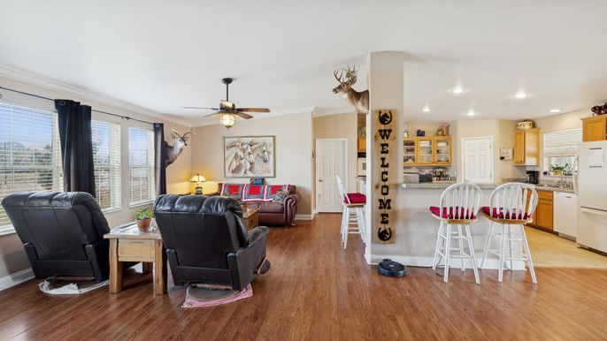 Interior, Kitchen, Living room, Recessed Lighting, Wood Texture Flooring