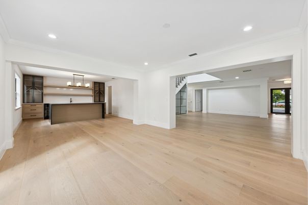 Empty room, Interior, Kitchen, Pendant Lights, Recessed Lighting, Wood Texture Flooring