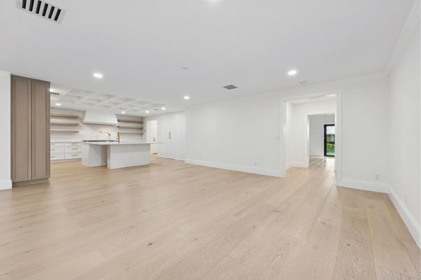 Empty room, Interior, Kitchen, Recessed Lighting, Wood Texture Flooring