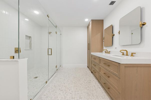 Bathroom, Dual Sink Vanities, Glass Shower, Interior, Recessed Lighting