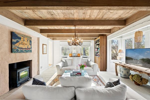 Chandelier, Fireplace, Interior, Living room, Wooden Beams, Wooden Ceilings