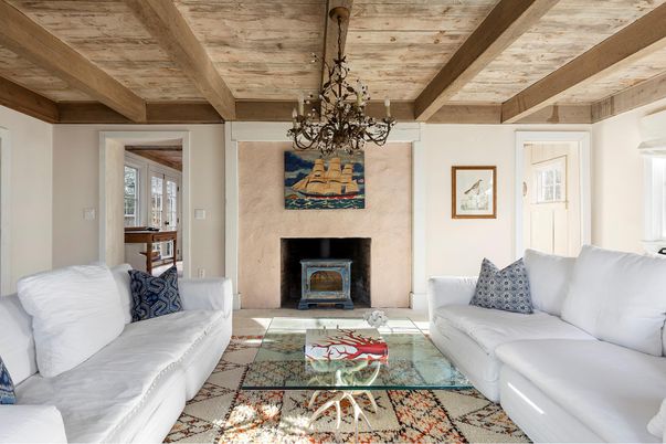 Chandelier, Fireplace, Interior, Living room, Wooden Beams, Wooden Ceilings