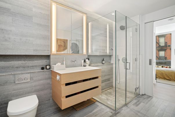 Bathroom, Glass Shower, Interior, Wood Texture Flooring