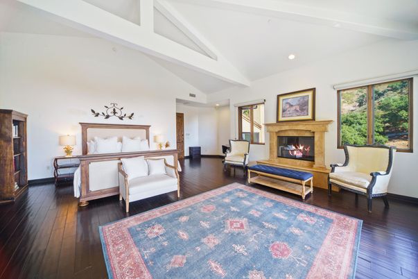 Bedroom, Fireplace, Interior, Recessed Lighting, Wood Texture Flooring
