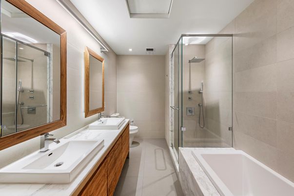 Bathroom, Dual Sink Vanities, Glass Shower, Interior, Recessed Lighting